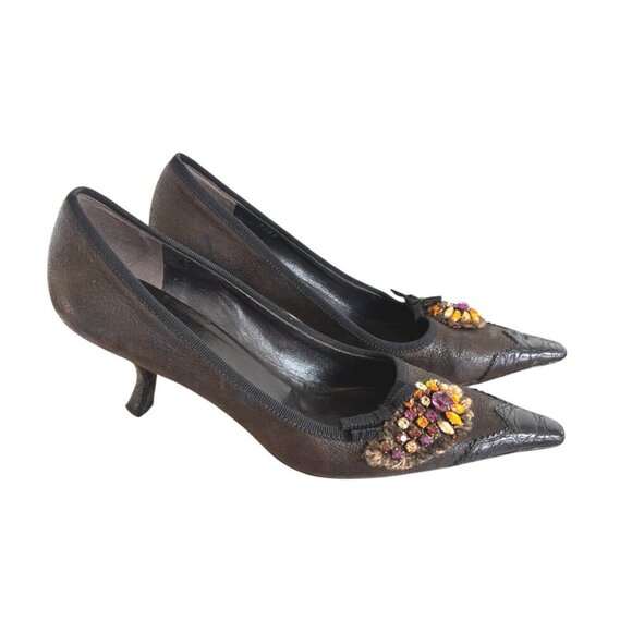 90'S VINTAGE RARE Y2K PRADA CRYSTAL RHINESTONE LEATHER KITTEN HEELS PUMPS 7/37 - Picture 2 of 7